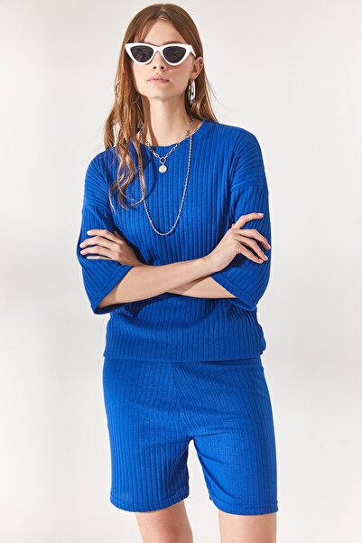 Olalook Dámské Saks Modré Spodní Krátké punčochové kalhoty Top Volná Halenka Set TKM-19000200