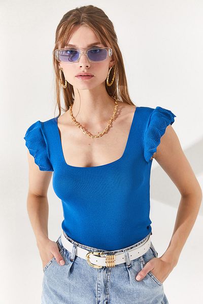 Olalook Women's Indigo Sleeve Ruffled Summer Knitwear Blouse BLZ-19001035