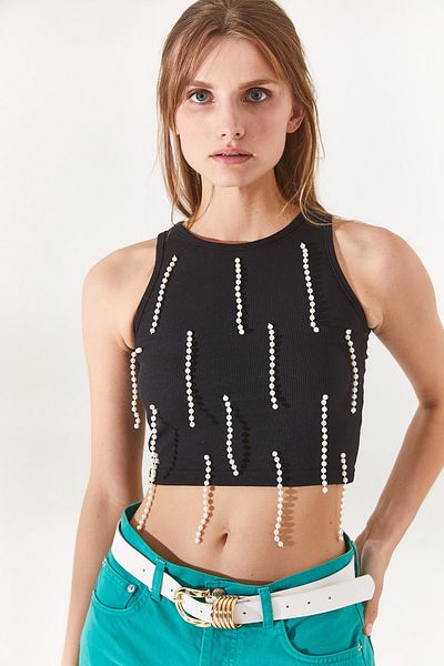 Olalook Dámská černá žebrovaná halenka s korálky BLZ-19002298