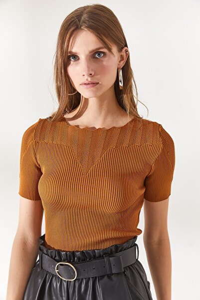 Olalook Kadın Tarçın Yaka Ajurlu Triko Bluz BLZ-19002226