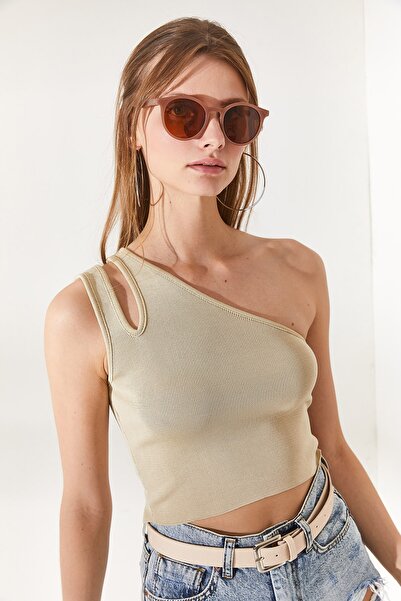 Olalook Women's Stone One Shoulder Corded Crop Knitwear Blouse BLZ-19002295