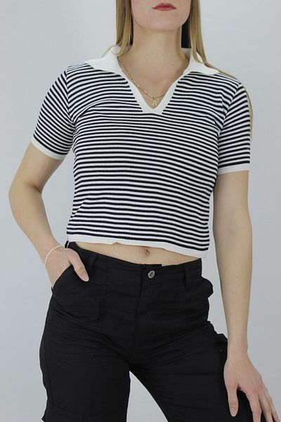 Lukas Tricou cu dungi negru cu gât polo de damă