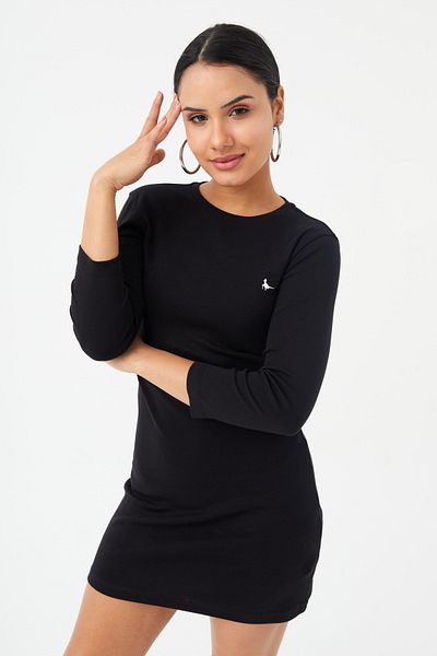 Hanna's by Hanna Darsa Women's Black Knitted Cotton Crew Neck Mini Length Sports Dress