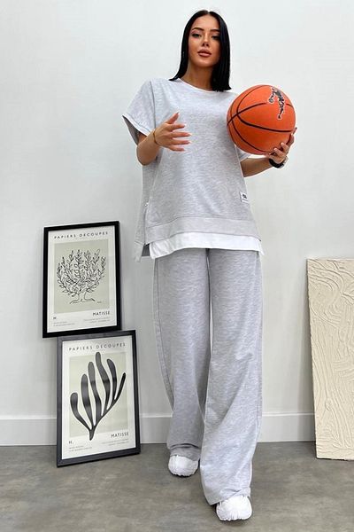 lovebox Women's Two Thread Cotton Fabric Oversize Design Side Zipper Detailed Gray Tracksuit Set 016