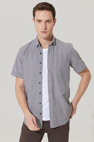 AC&Co / Altınyıldız Classics Men's Brown-white Slim Fit Slim Fit Button Collar 100% Cotton Dobby Short Sleeve Shirt