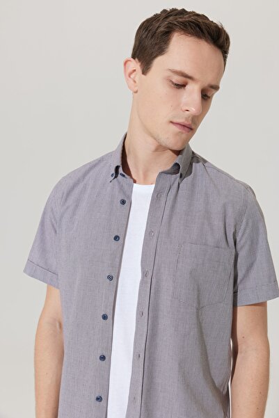 AC&Co / Altınyıldız Classics Men's Brown-white Slim Fit Slim Fit Button Collar 100% Cotton Dobby Short Sleeve Shirt