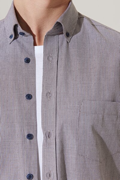 AC&Co / Altınyıldız Classics Men's Brown-white Slim Fit Slim Fit Button Collar 100% Cotton Dobby Short Sleeve Shirt