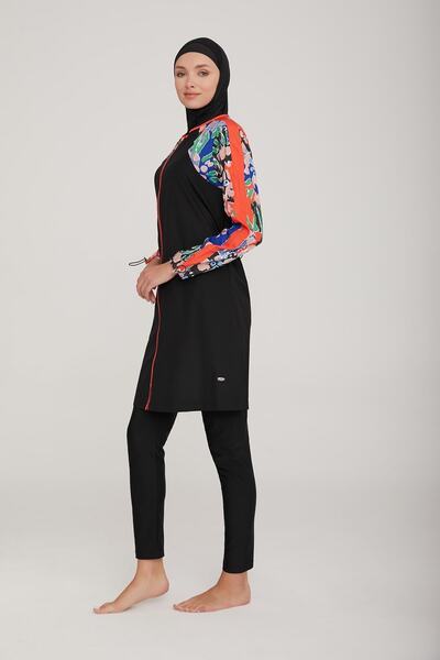 Adasea Women's Long Sleeve Zip Kong Black Hijab Swimsuit 1c3t2n8