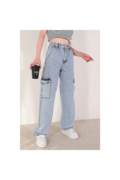 LİMABEL Džíny Cargo Pocket s vysokým pasem 100% bavlna Blue Snow Wash