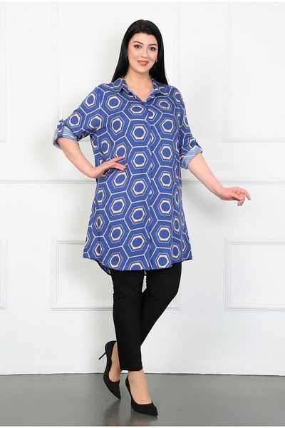 By Alba Collection Women's Indigo Cotton Viscose Honeycomb Pattern Large Size Tunic