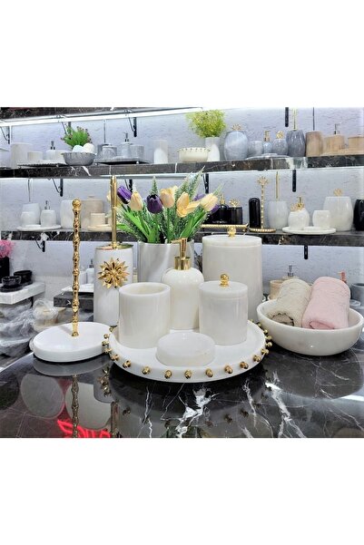 Sümeyra Marble Art White Golden - Doğal Beyaz Mermer Banyo Seti | 10 Parça |g...