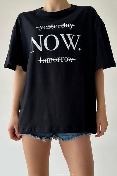 MODAGEN Women's Black Oversize 100% Cotton Yesterday Printed T-shirt