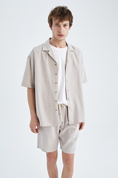 DeFacto Oversize Fit nyitott gallérú vászon megjelenésű rövid ujjú ing