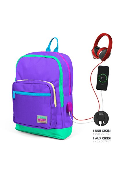 Coral High Kids Mor Renk Detaylı Dört Bölmeli Usb Şarjlı Kulaklık Çıkışlı Okul Sırt Çantası 23834