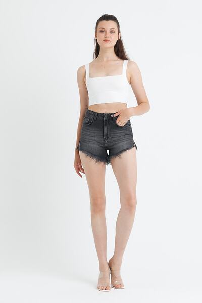 CRC JEANS Paçası Yırtmaçlı Ve Püskül Detaylı Mom Şort