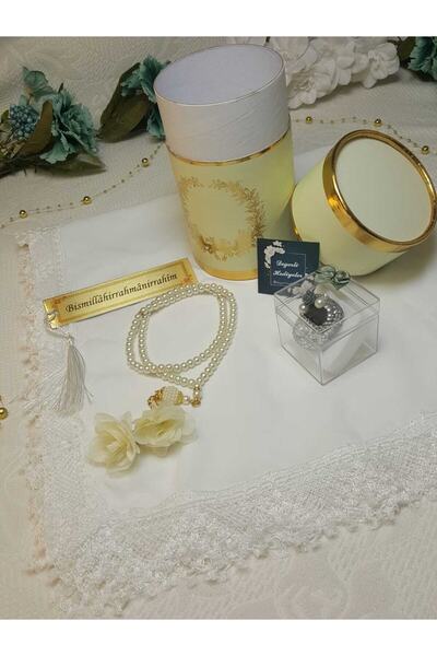 GÜLSEMALİ Krem Silindir Kutu, Oyalı Namaz Başörtüsü,taşlı Zikirmatik, Inci Ta...
