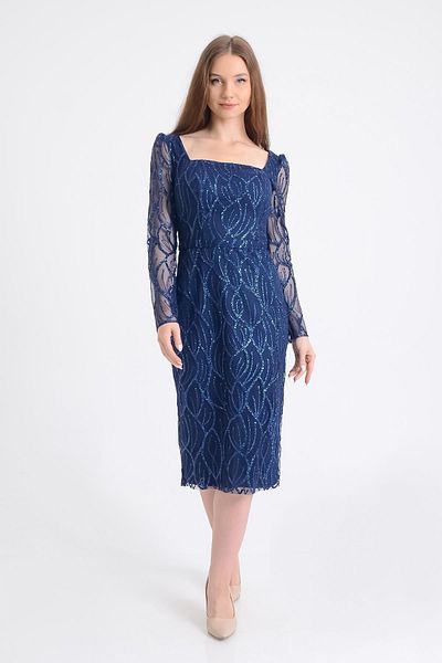 SpringStore Rochie de seara cu decolteu patrat albastru bleumarin cu sclipici lungime midi