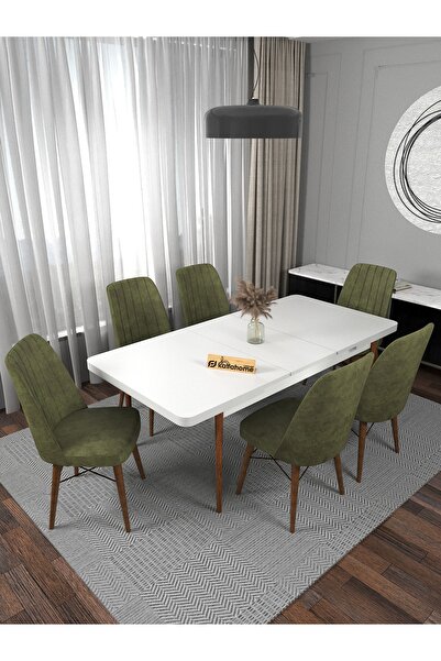 Kaffahome Riff Serisi , 80x130 Kapalı 80x170 Açık Beyaz Yemek Masası 6 Haki S...