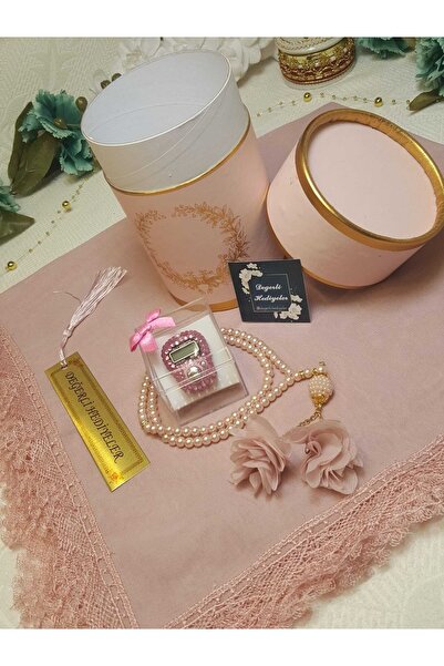 GÜLSEMALİ Pembe Silindir Kutu, Oyalı Namaz Başörtüsü,taşlı Zikirmatik, Inci T...