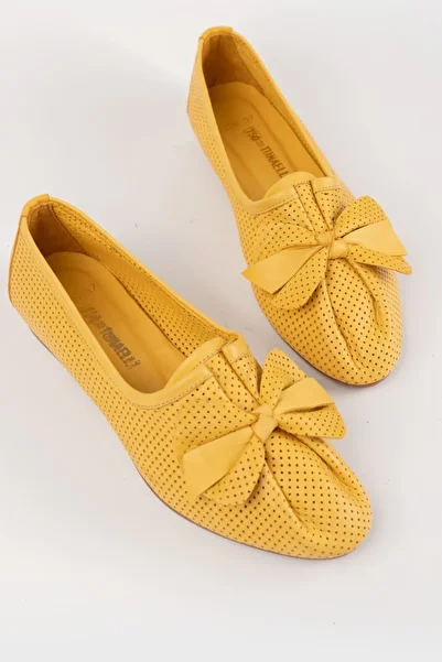 TUNAELLİ Women's Yellow Genuine Leather Ballerinas Size 35-41-42