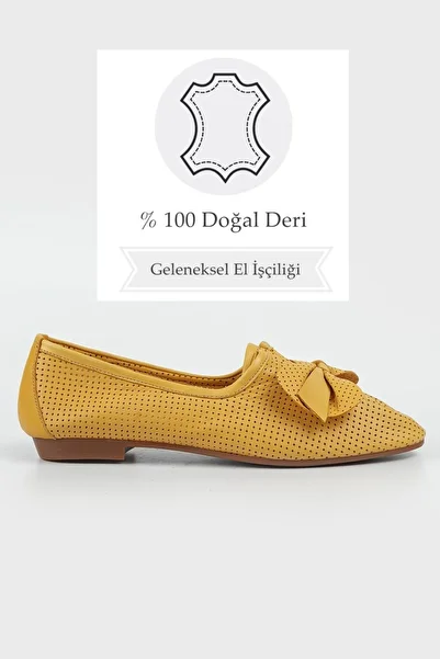 TUNAELLİ Women's Yellow Genuine Leather Ballerinas Size 35-41-42