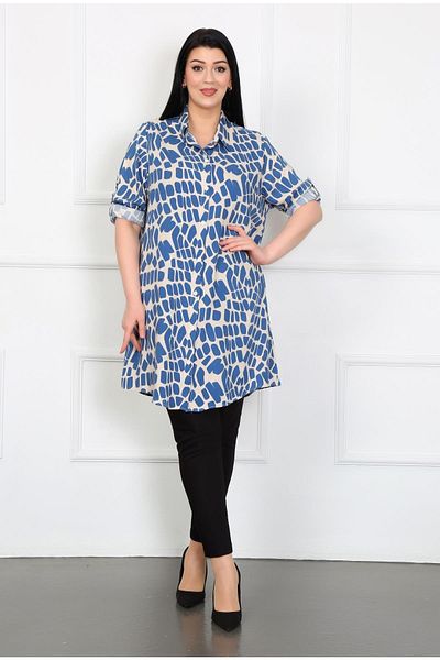 By Alba Collection Women's Indigo Cotton Viscose Patterned Large Size Tunic