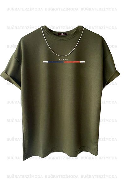 Buğraterzimoda Unisex Λεπτό ριγέ Παρίσι με στάμπα Loose Fit (καφέ-χακί-μπεζ) Μπλουζάκι με 3 πακέτα μεγάλου μεγέθους