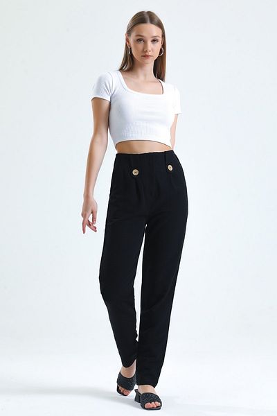 MD trend Women's Black High Waist Front Zipper Closure Elastic Waist Linen Trousers