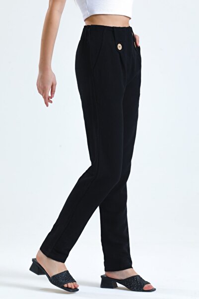 MD trend Women's Black High Waist Front Zipper Closure Elastic Waist Linen Trousers