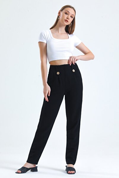 MD trend Women's Black High Waist Front Zipper Closure Elastic Waist Linen Trousers