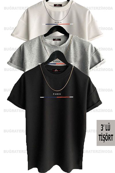 Buğraterzimoda Unisex Λεπτό ριγέ Παρίσι με στάμπα Loose Fit (μαύρο-άσπρο-γκρι) Μπλουζάκι Oversize 3 τεμαχίων