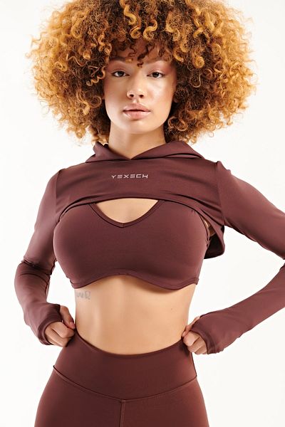 YEXECH Σειρά Connection - Γυναικείο Crop Hoodie με μακρυμάνικο κουκούλα σε καφέ χρώμα