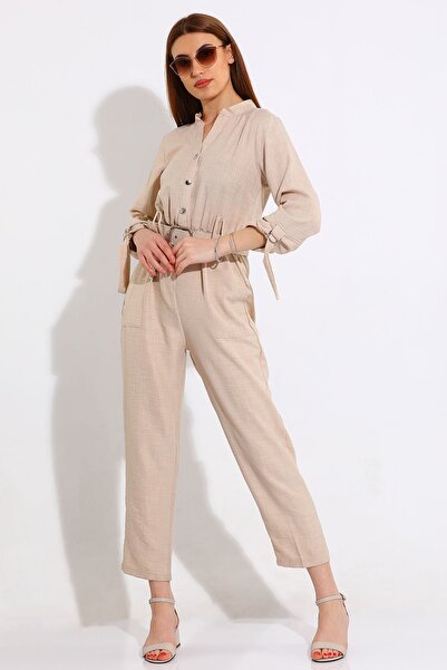 GÜLSELİ Beige Women's Belted Jumpsuit