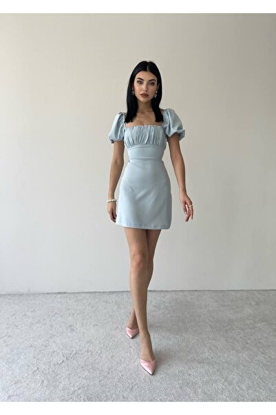 HASYAMORE Kadın Mini Sırt Dekolteli Atlas Özel Tasarım Elbise