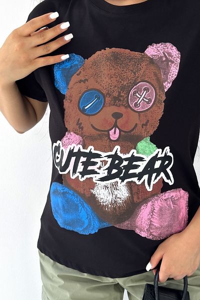 FEMELLE Tricou de damă negru cu gât cu imprimeu 100% bumbac
