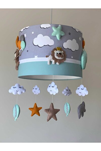 Leobabyroom Gri Bulutlu Mint Hayvan Figürlü Kız/erkek Bebek/çocuk Odası Tasarım Avize