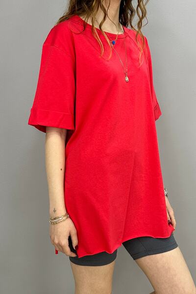 Tam Moda Κόκκινο γυναικείο μπλουζάκι - Πλαϊνό σκίσιμο