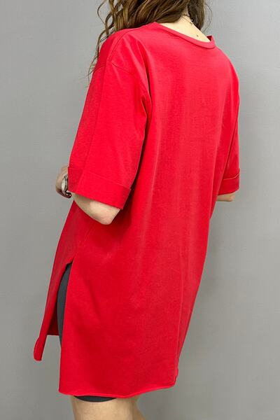 Tam Moda Κόκκινο γυναικείο μπλουζάκι - Πλαϊνό σκίσιμο