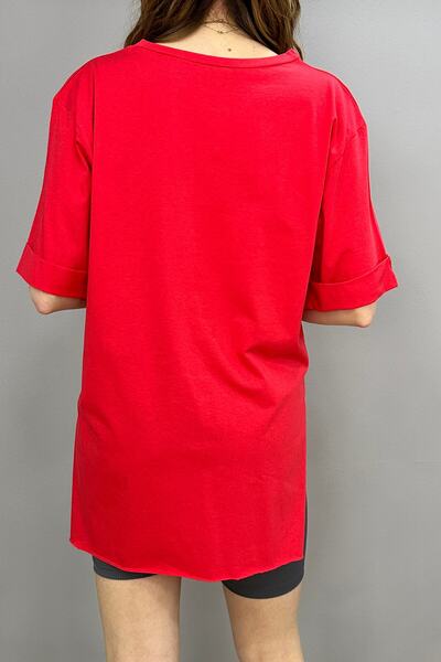 Tam Moda Κόκκινο γυναικείο μπλουζάκι - Πλαϊνό σκίσιμο