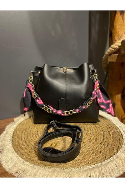 ACAR BAG Geanta de dama din piele moale - cu esarfa, accesorii lant, 3 compartimente, pentru brat si umar