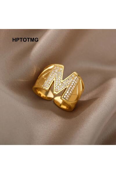 AKSESUARIM خاتم نسائي بحروف من الفولاذ بتصميم خاص مرصع بحجر الزركون