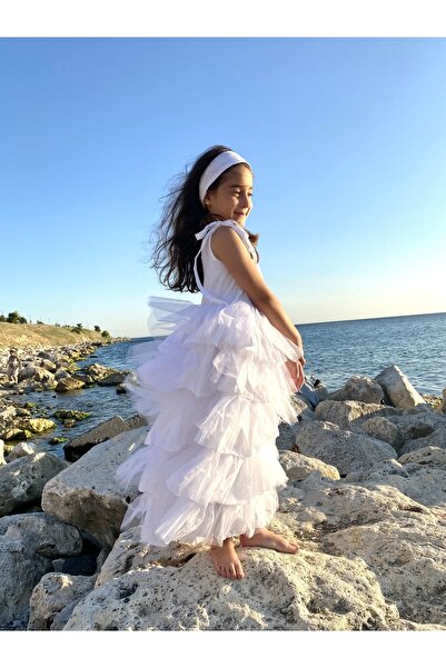 Bebeu Kız Çocuk Askılı %100 Organik Müslin Katlı Tütülü Tasarım Abiye