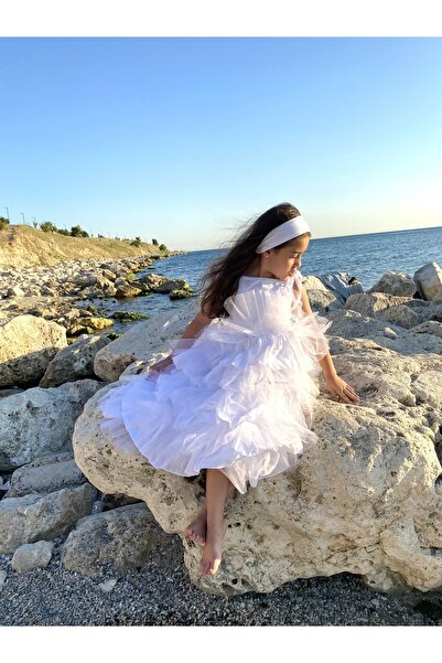 Bebeu Kız Çocuk Askılı %100 Organik Müslin Katlı Tütülü Tasarım Abiye