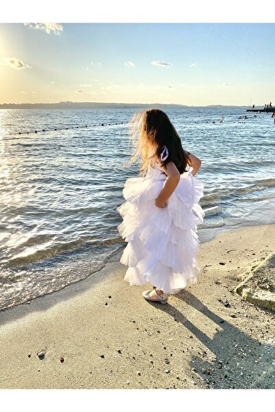 Bebeu Kız Çocuk Askılı %100 Organik Müslin Katlı Tütülü Tasarım Abiye