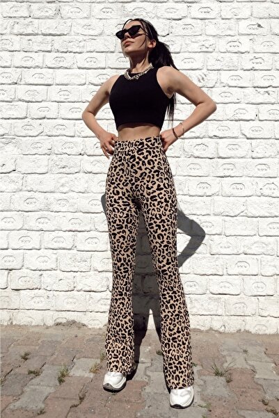 KaSheHa Leopar Desen Krep Kumaş Likralı Yüksek Bel Ispanyol Paça Pantolon 100 Cm