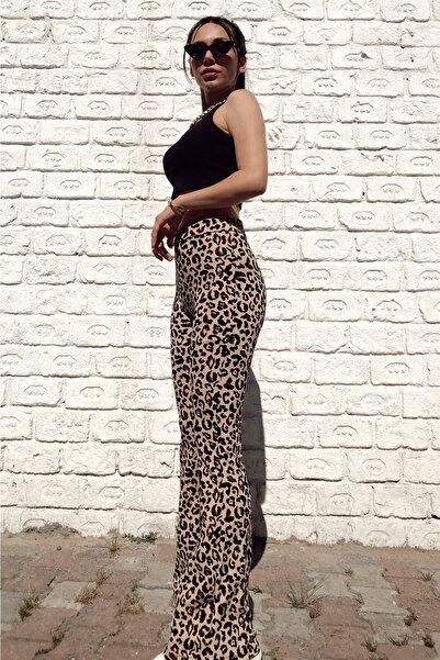 KaSheHa Leopar Desen Krep Kumaş Likralı Yüksek Bel Ispanyol Paça Pantolon 100 Cm