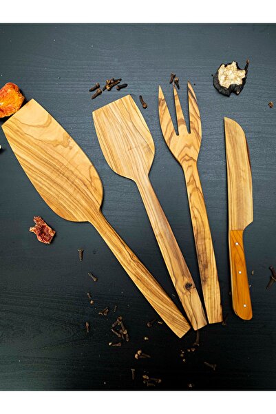 Wonder Woodies طقم ملعقة سكين شوكة 4 قطع من الخشب الطبيعي 32/28/28/20 سم مصنو...