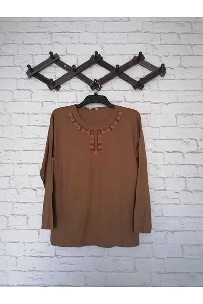anne moda ankara Бродирана яка, дълъг ръкав, малък размер, ефирна вискозна тънка лятна къса блуза