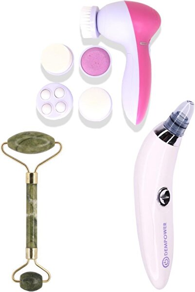 DEMPOWER 3'lü Set Derma Suction 5 Başlıklı Titreşimli Masaj Aleti Yeşim Taşı