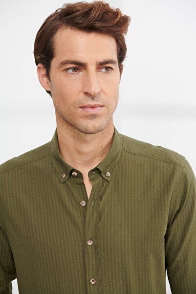 ALTINYILDIZ CLASSICS Men's Khaki Slim Fit Slim Fit Button Collar 100% Cotton Shirt